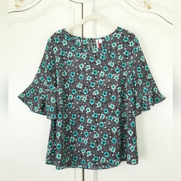 Elle Black Teal Floral Bell Half Sleeve Round Neck Pullover Top Large NWT - Picture 1 of 8